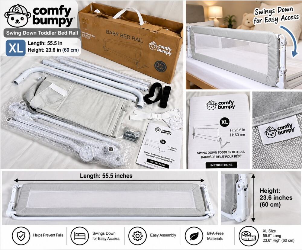 ComfyBumpy XL Swing Down Toddler Bed Rail Safety Guard Gray 23.6" Open Box
